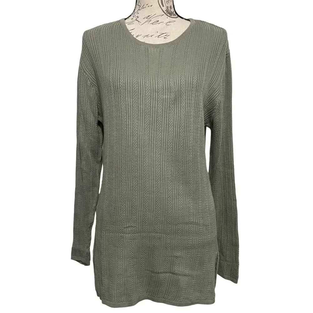 Stephanie Andrews Silk Tunic Sweater Women XL Green Ribbed Knit Earthy Pointelle